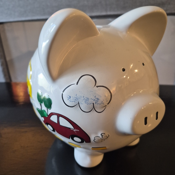 Child To Cherish Nordstrom Piggy Bank White Ceramic Colorful Cars Clouds - Picture 2 of 10
